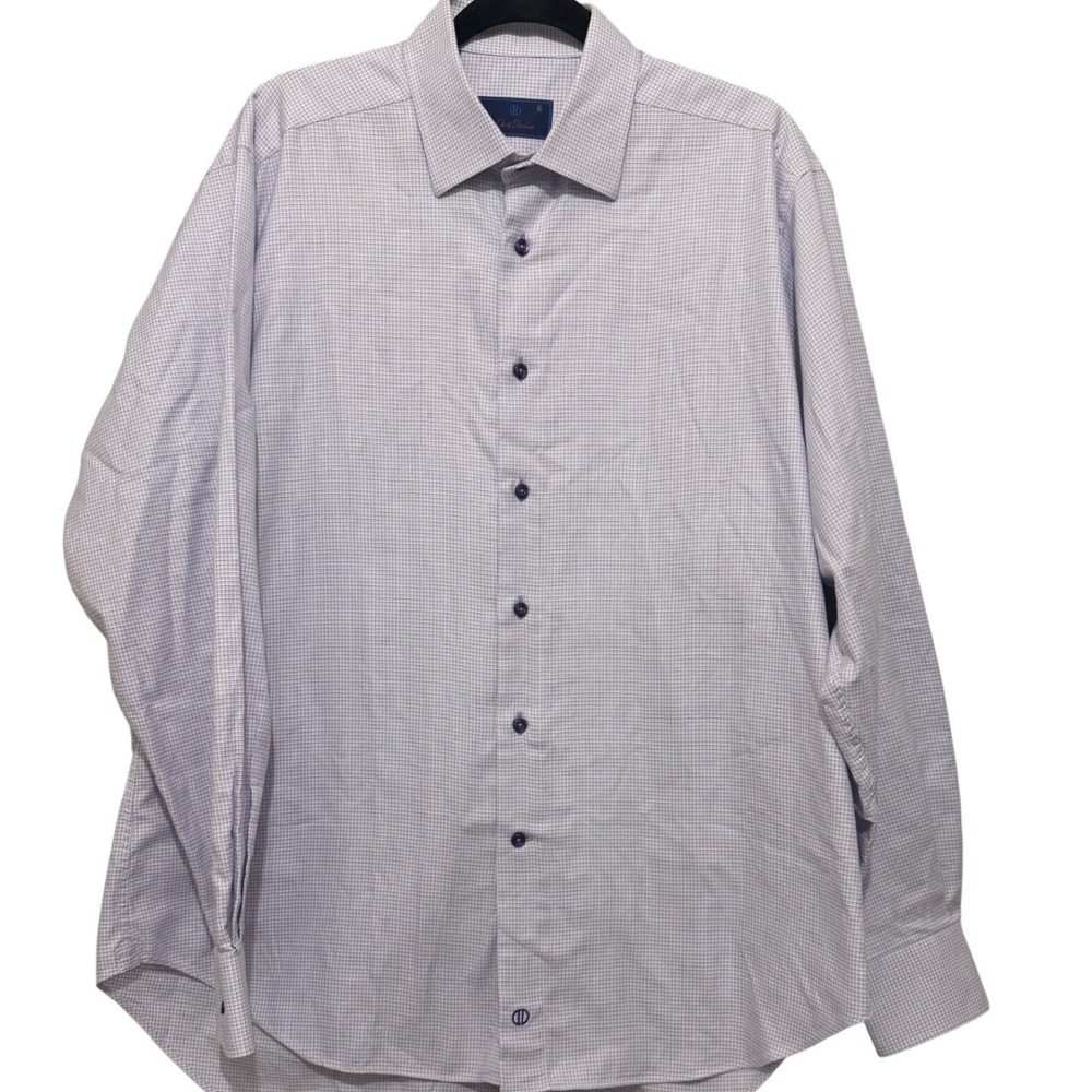 David Donahue Mens 17 36/37 Dress Shirt Purple White Micro Check Cotton L/S